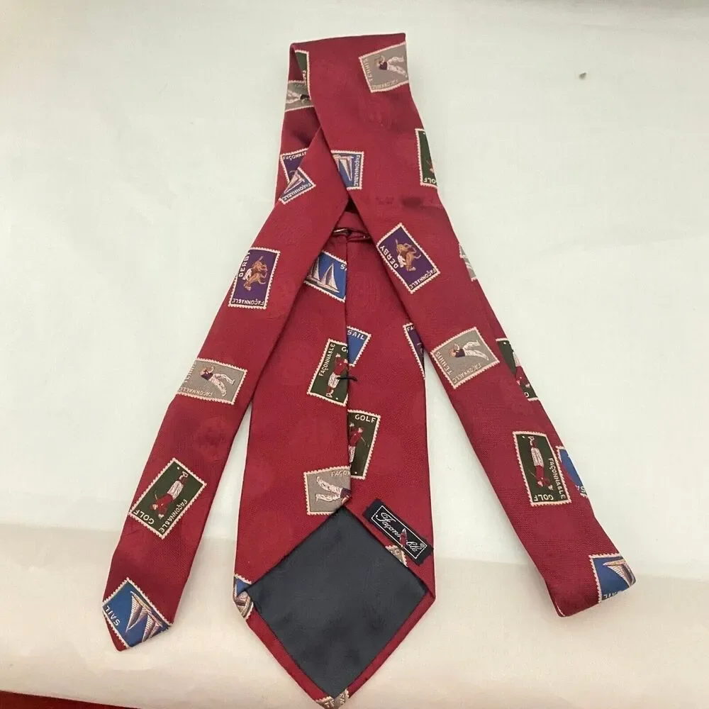 #5656 Maroon Vintage Golf Postage Stamps Mens Novelty Necktie, Tie 59X4